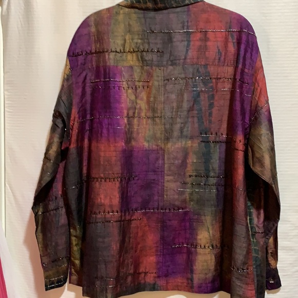 CHICOS BLOUSE PATCHWORK SILK/BEADED SZ 3 MAGENTA - Picture 6 of 6